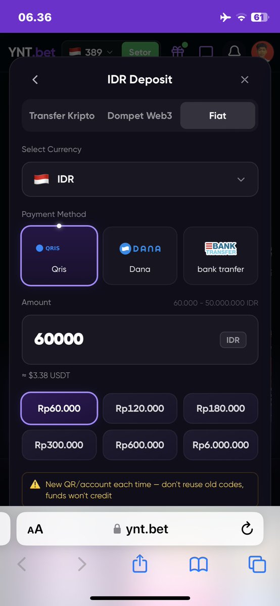dinotiswin1's tweet photo. @YunaaTalkCrypto @Yntbet Done deposit via Qris Indo https://t.co/fM00b69tpq
