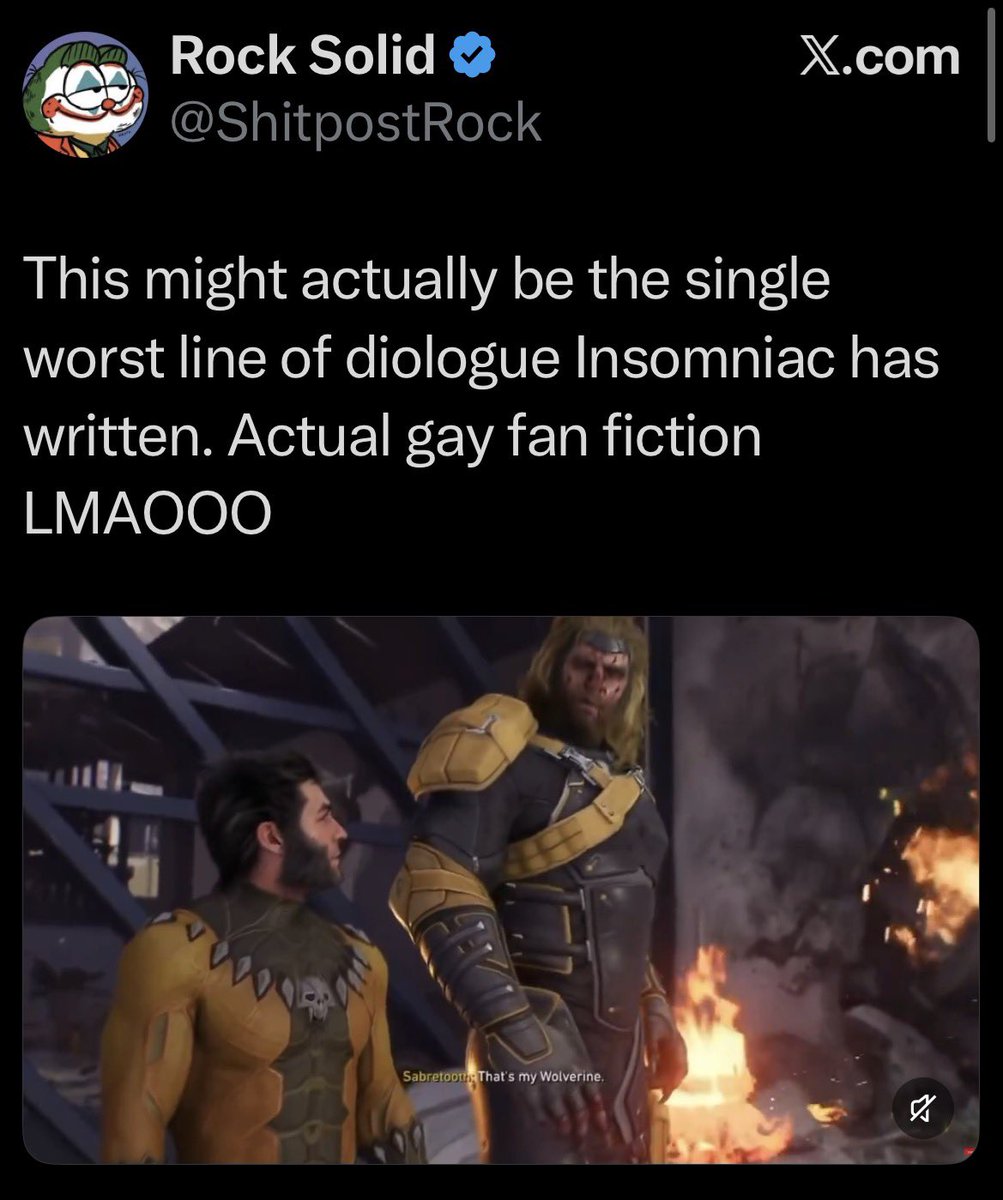 PlasmidEX7's tweet photo. After playing 80% of this game, it’s shocking to see the lengths people will go to when they misinterpret a quote without any context or understanding of how the story actually unfolds

One Wolverine and Sabretooth scene had them build an entire narrative fueled by culture wars https://t.co/MIfYWEg6M8