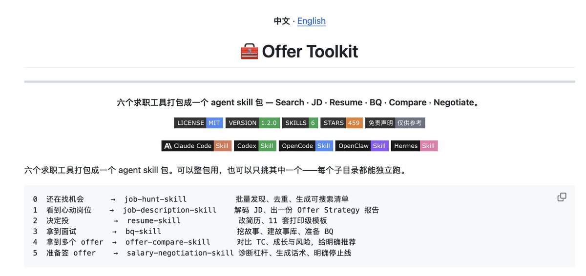 yanliudreamer's tweet photo. 现在求职skill已经有完整的6步了!
Github快500🌟了，大家可以转发给需要的人嘿嘿

Job Hunt — 自动找岗位，筛选机会，判断匹配度
JD Analysis — 拆 JD，找核心要求和关键词
Resume — 根据目标岗位定向改简历，提供了12套模板
Behavioral Interview — 整理经历，准备BQ行为面试
Offer Compare — 多个Offer放在一起系统比较
Salary Negotiation — 拆包裹，准备谈薪策略

从“我该投什么”一路到“Offer 怎么谈”，
我把这6个skill串起来，求职的每一步都涵盖到了！
真正做成一套AI-native的求职工作流 🛠️

而且每一步生成的结果都不是一大段文字，
是一个可视化模板，可以更清晰地帮你了解自己，岗位，以及两者之间的匹配度。这些skill全部来自我自己找工作 + 做career coach的真实经历，很多我自己现在也在用，真的很有帮助！

这个过程中我也越来越体会到：
与其试图写一个万能Prompt，不如把一个复杂问题拆成 Workflow。每一步只解决一个具体问题，再把它们串起来。感觉这才是 Skill 真正好用的地方👉