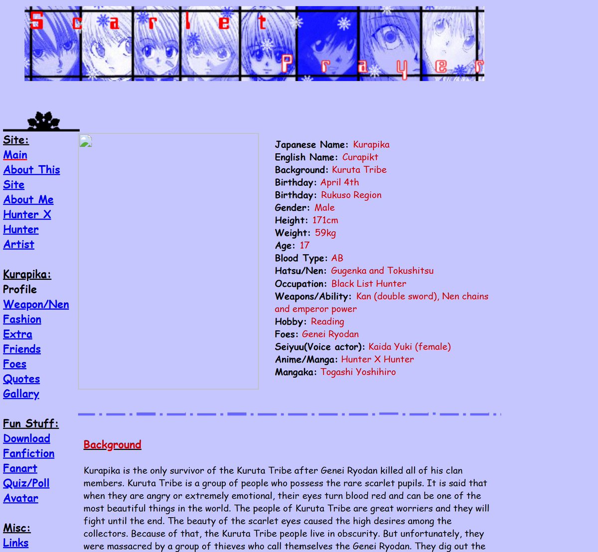 808Pami's tweet photo. I came across this archived OoCities blog from 2003, dedicated to Kurapika. Seeing someone pour so much love into him in such an old corner of the internet and finding it so many years later stirs a strange sense of nostalgia in me.
I hope the author is doing well. https://t.co/kpOKNN48s2