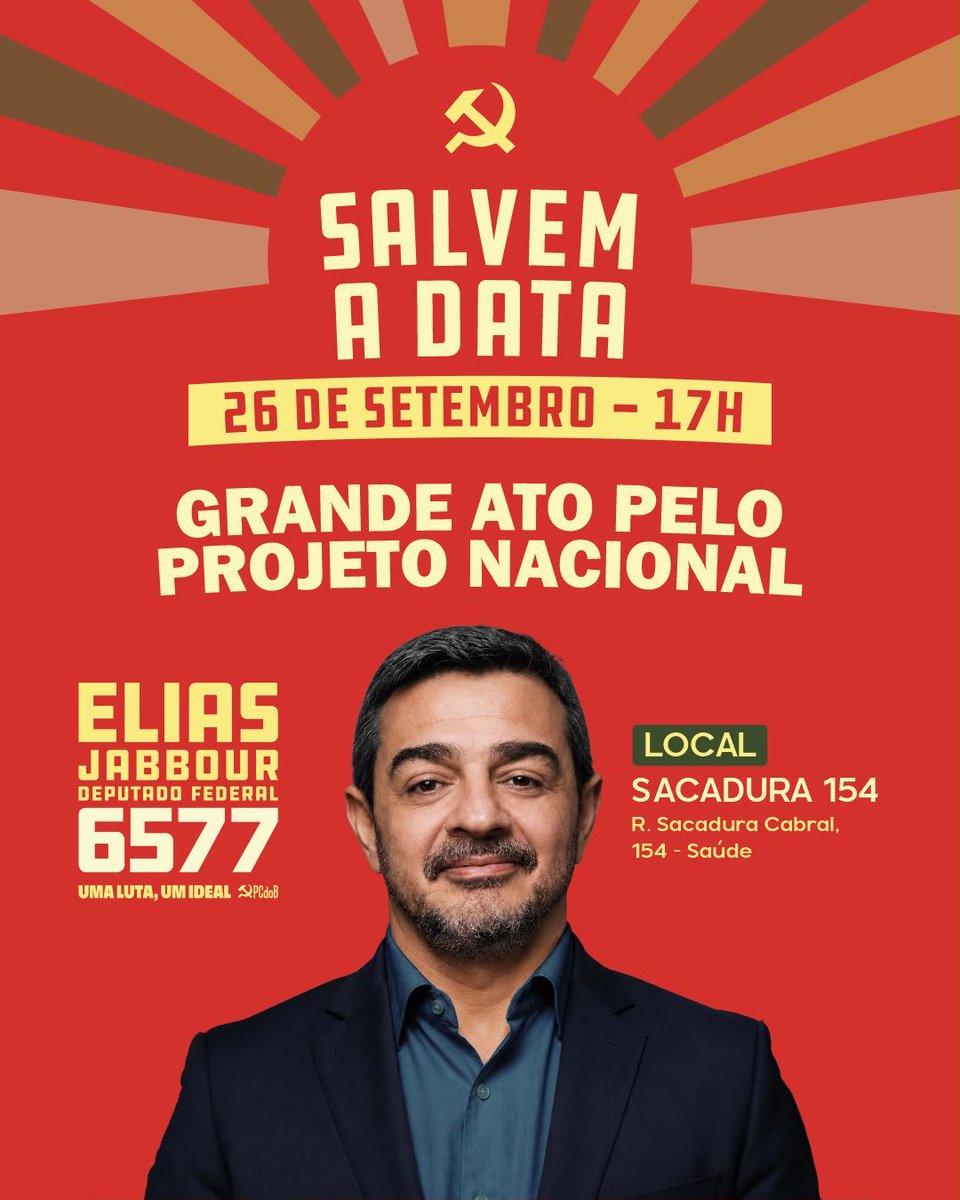 eliasjabbour's tweet photo. 📅 SALVEM A DATA!

No dia 26 de setembro, às 17h, será nossa Grande Atividade de reta final pelo Projeto Nacional com Elias Jabbour.

📍 Sacadura 154 — Saúde, Rio de Janeiro

Em breve, divulgaremos mais informações sobre a programação.

26/09 • 17h
Sacadura 154 https://t.co/ko1bbr1go4