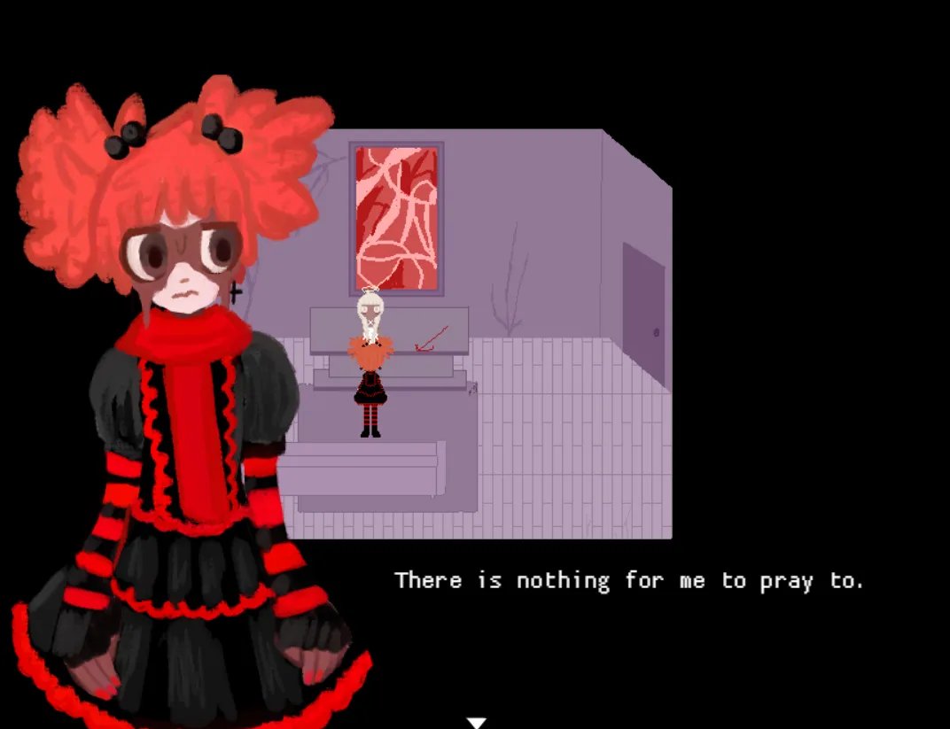 ophanimkei's tweet photo. 🍄🥩 MEAT GIRL COMPLETE🥩🍄 

Meat Girl, my yuri RPG Maker game about a girl searching for her  mentally ill roommate in cold mountains filled with meat, is now available on Itchio and Steam! 

It includes an artbook, new art and dialogue, and one secret! https://t.co/z1zADT7IpE