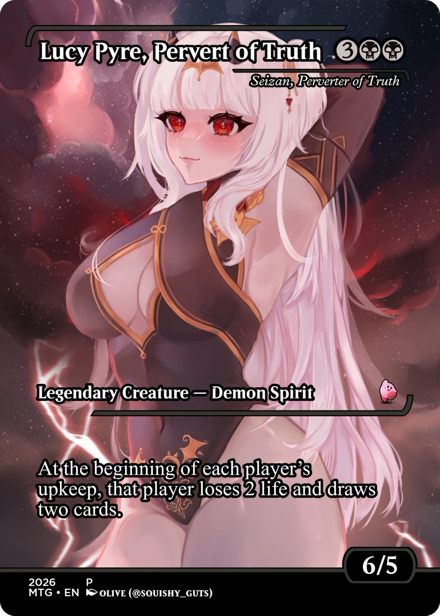 Kyubikirby's tweet photo. Today comes more Group Hug Jodah stuff, and who wouldn't want to be hugged by the beautiful @LucyPyre_ ! I have her as Seizan, Perverter of Truth. Everyone gets more cards, for a small cost. Amazing art for this by @squishy_guts 

#lucysaltar
#MtVtuber https://t.co/djbGf0mjKN