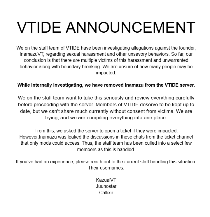 KazualVT's tweet photo. VTIDE Staff Anouncement.

If you have had a negative experience with InamazuVT, please reach out to me, @callixir, or @juunostar.

Currently, Inamazu has control over the VoltideVT account here on X.

We have control over the discord as we handle this situation. 

We stand with you, and we're trying. Shit hit the fan really fast.