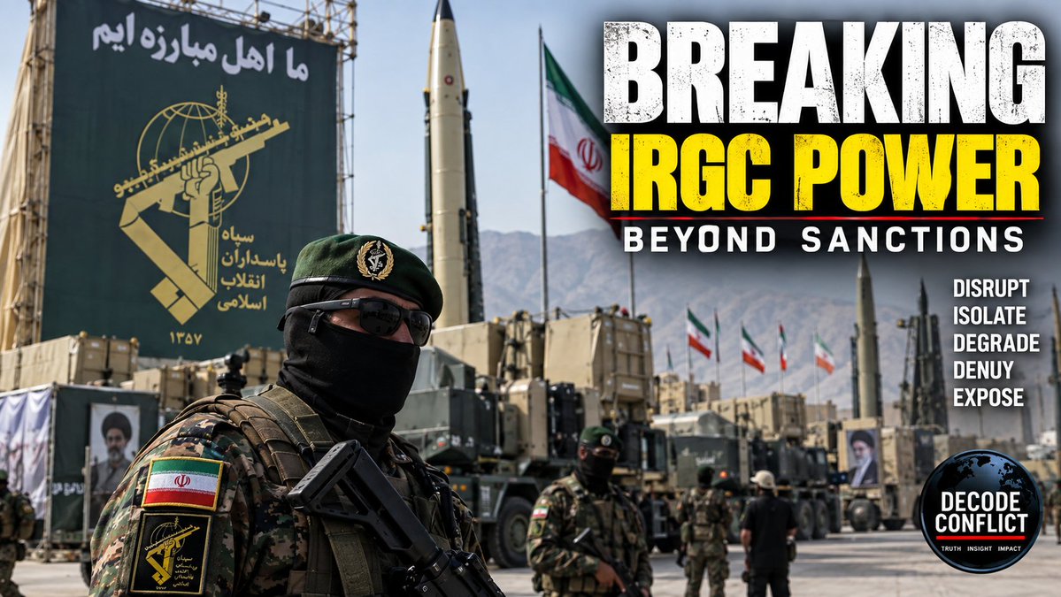 DecodeConflict's tweet photo. BREAK THE NETWORK, NOT JUST THE BANK

DECODE CONFLICT ASSESSMENT

Economic pressure alone will not break IRGC power.

A broader U.S. strategy would target the architecture that makes the Guard powerful: restrict its access to foreign military technology and dual-use components, expose procurement and front-company networks, counter Quds Force support networks abroad, strengthen defenses against Iranian drones and missiles, pursue individual accountability for abuses, and expand Iranians’ access to uncensored communications.

The objective would be to make the IRGC progressively less capable of supplying its military programs, projecting power abroad and controlling information at home.

The IRGC’s center of gravity is not one commander or one bank account.

It is the network connecting weapons, technology, regional partners, internal security and political power.

Break those connections and IRGC power becomes harder to sustain.

Decode Conflict