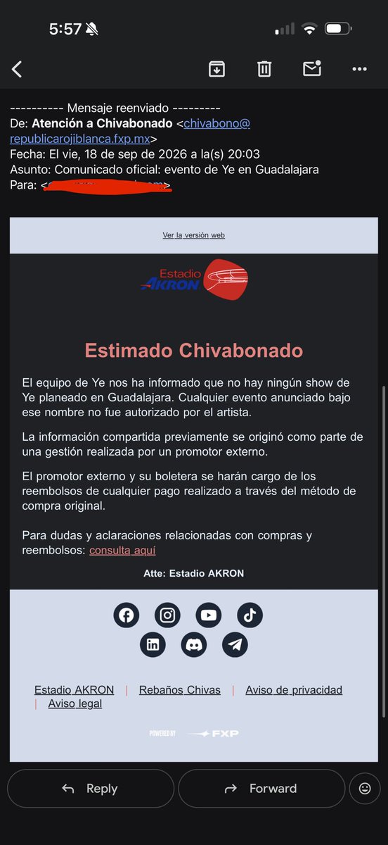 rafaeldvls's tweet photo. 4 días después por el MISMO MEDIO del que dieron DIFUSIÓN al evento y desde donde se compartió el ENLACE para la COMPRA DE BOLETOS. Anuncian que el evento no fue “autorizado” y que la información que @EstadioAKRON y @Chivas compartieron fue una gestión de un promotor “externo” https://t.co/mmoGJsDQqs