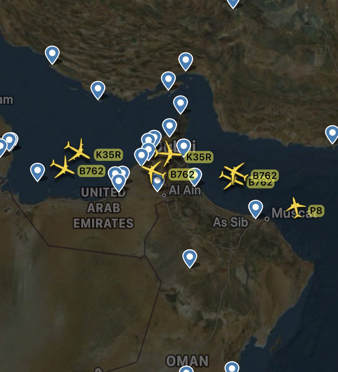 BeamTracker_'s tweet photo. 🔴🇺🇸🇮🇷BREAKING: An unusually large amount of USAF tactical air assets are currently airborne above the Middle East (1)

- x4 KC-46A tankers
- x3 KC-135R tankers
- x1 P-8A maritime ISR

Interestingly, one of the KC-135Rs has been circling above central Saudi Arabia for a while now, likely supporting RSAF airspace defence operations. (2)