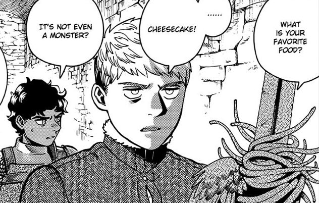 laiosluvbot1111's tweet photo. what i’m looking forward to most in season 2 is laios’ profession of love for cheesecake. this panel is what truly sealed the deal for me and our true love. you know a character is truly made for you when even your favorite food is the same https://t.co/wXSeqNVjf9