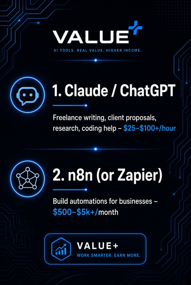 DailyValuePlus's tweet photo. 1.  Claude / ChatGPT → Freelance writing, client proposals, research, coding help People charge $25–$100+/hour using these daily.
2.  n8n (or Zapier) → Build automations for businesses Setup fee + monthly retainer = $500–$5k+/month for many operators. https://t.co/IAFKPi95pT
