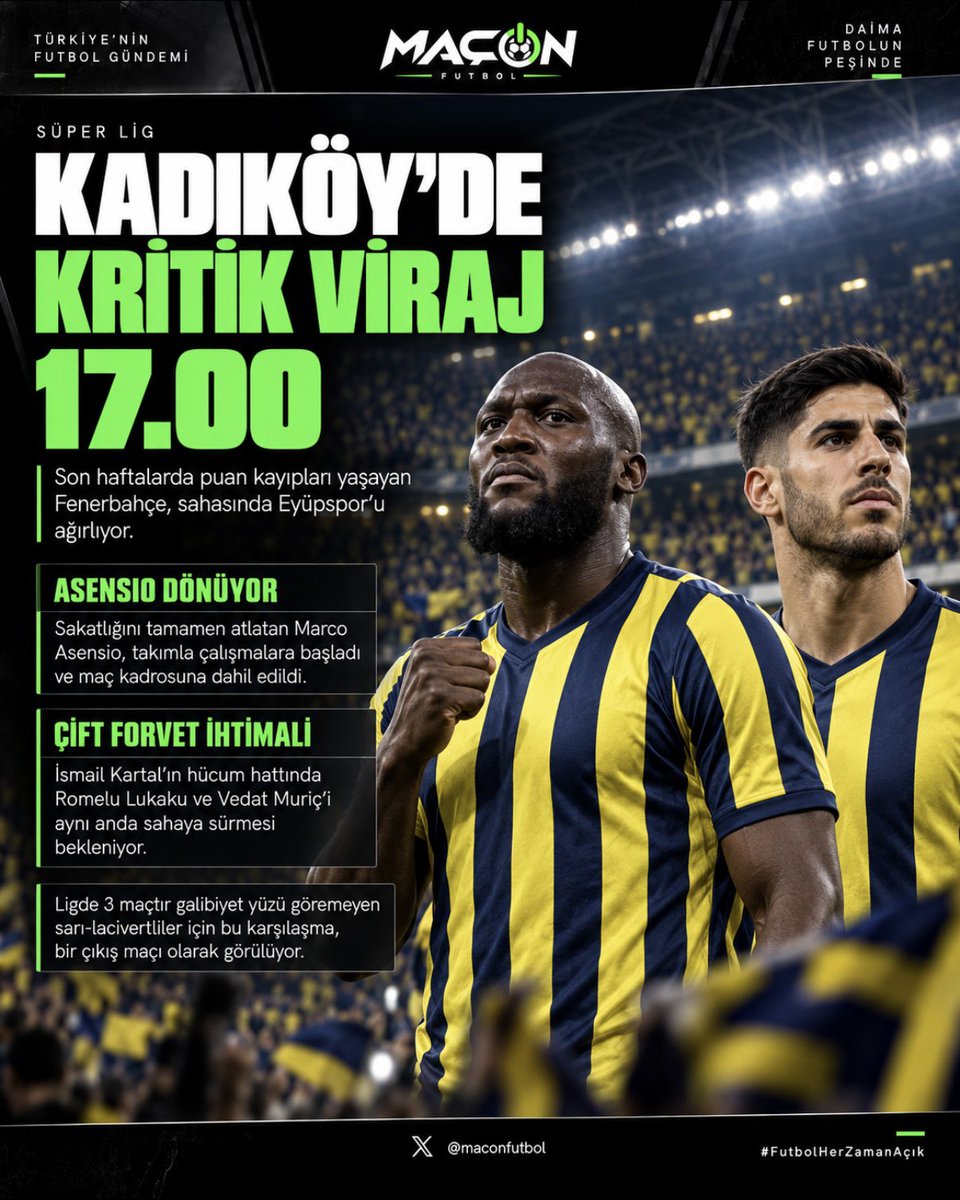 maconfutbol's tweet photo. Fenerbahçe'de kritik viraj! Sakatlığını atlatan Asensio kadroda. İsmail Kartal'ın Lukaku ve Vedat Muriç'li çift forvetle sahaya çıkması bekleniyor. Çıkış arayan Kanarya, Kadıköy'de Eyüpspor'u ağırlıyor. 🟡🔵
#Fenerbahçe #Eyüpspor #SüperLig #MaçOn https://t.co/orPVM2TH5C