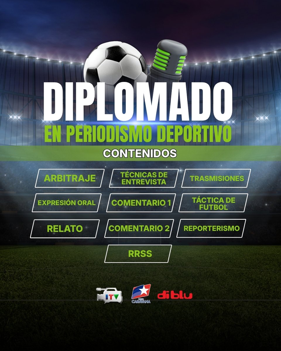 RadioDibluFM's tweet photo. ¡CONVIERTE TU PASIÓN POR EL DEPORTE EN UNA PROFESIÓN!

Llega el Diplomado en Periodismo Deportivo, donde aprenderás las herramientas para analizar, narrar y comunicar el deporte como un profesional.
Arbitraje, táctica de fútbol, análisis deportivo, relato, comentario, t��cnicas de entrevistas, reporterismo, expresión oral, transmisiones y manejo de redes sociales.

🎙️ Prepárate para vivir el deporte desde otra perspectiva.
Diplomado en Periodismo Deportivo. ¡Inscríbete y sé parte de esta nueva generación de comunicadores deportivos!

INFORMACIÓN VÍA WHATSAPP AL NÚMERO 098 437 7312