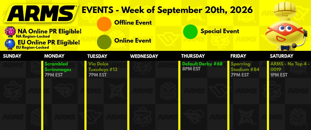 ARMSCentral's tweet photo. Here's another week full of #ARMS events!
This week's events are run by MonkeyPoxMan, Plingus, @OhioARMS, @T3kn0path1c and KAMIGENO.
Check out the post below for info on the new event.
π₯ #ARMSNICE #Nintendo #ARMSgame π₯ https://t.co/vK9ldfRgWn