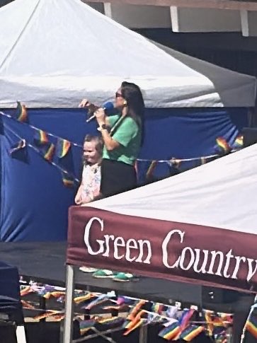 DustyDeevers's tweet photo. Cyndi Munson, Oklahoma’s Democrat nominee for Governor, was the featured speaker at Muskogee “Pride in the Park” today.

She stood on stage with a child while drag queens performed and grown men walked around a public park dressed as demons.
This is what she thinks belongs in front of Oklahoma kids and our future.

Thank you Pastor @BrettaBaggett for going anyway and preaching Christ. 

“Pride goes before destruction…Repent and believe in the gospel.”