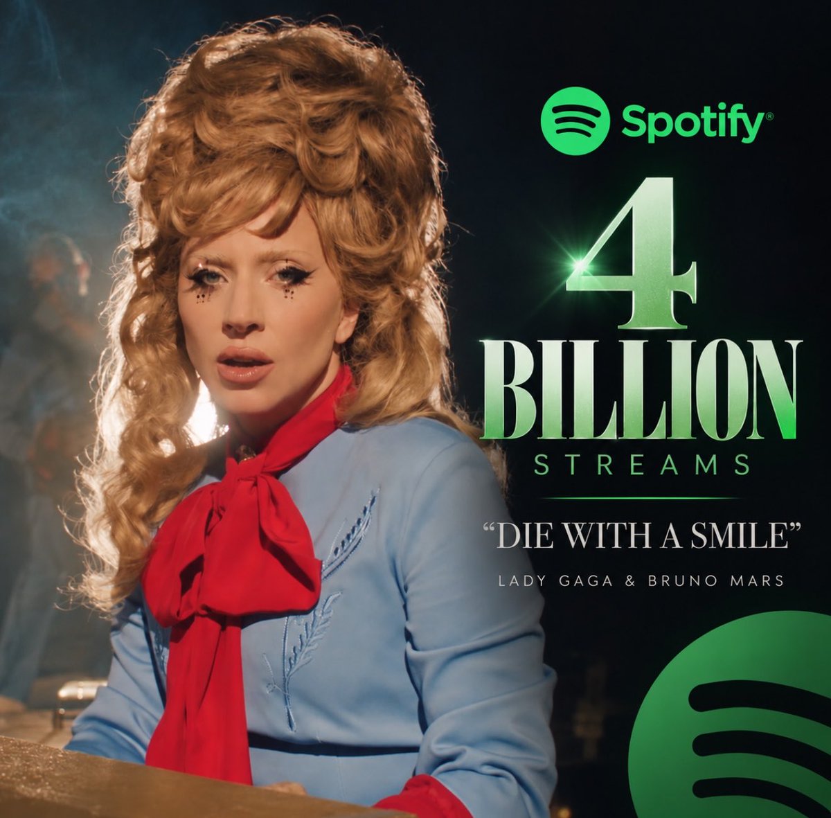 ladygagasupreme's tweet photo. “Die With A Smile” has officially become the first song by a female lead artist to surpass 4 BILLION streams in Spotify history. https://t.co/3ro7tw9nX9
