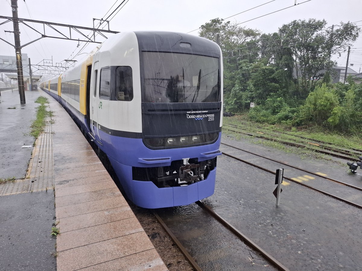 yo8000_5963's tweet photo. 明日の予定を今日に早めて特急乗ったら大原駅で止まってしまった。新宿わかしお1号。冠水してる。#台風25号 #新宿わかしお #255系 #外房線 https://t.co/L34Vc1e3OC