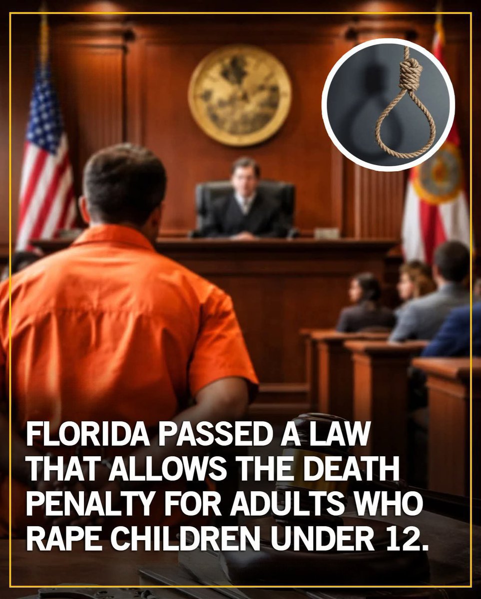 AmericanWokei's tweet photo. Florida now allows prosecutors to seek the death penalty for adults convicted of raping children under 12.

Does this protect children—or go too far? 👇
Follow me;@AmericanWokei next drop will be shocking https://t.co/pXMX70oWnQ