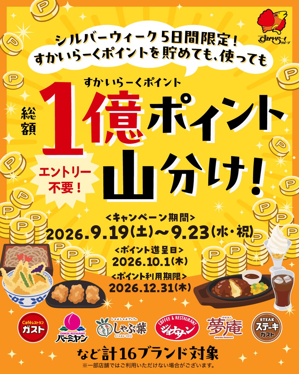 syabuyou_PR's tweet photo. ━*＼すかいらーくポイント／*━
　　　【総額1億ポイント】
    山分けキャンペーン開催中

① 別日や別店舗のご利用で回数が増えるほど山分け口数UP！
② 全国約2,600店舗が対象！
③ 面倒なエントリーは不要！

▼詳しくはこちら
https://t.co/X1JMn9PRE1 https://t.co/gIabc9NcwK