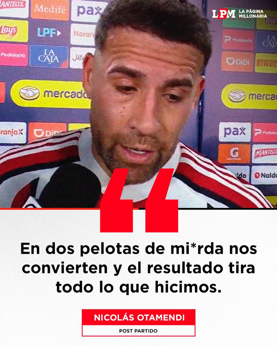 RiverLPM's tweet photo. "Injustamente perdimos un partido en el que generamos situaciones, circulamos la pelota y tuvimos paciencia. En el desespero, en el querer llegar al arco rival empiezan a aparecer las imprecisiones. 

Generamos hasta lo último, tuvimos grandes ocasiones de poder convertir. Quisimos insistir en el gol."

La palabra de Otamendi post partido 💬