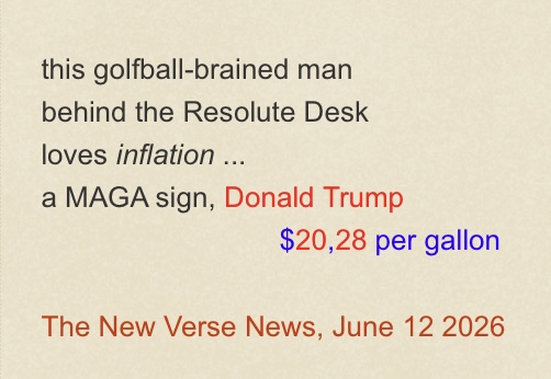 ericcoliu's tweet photo. #MAGACult #Tanka
written in response to #TheHill, June 10:
Trump embraces May price spikes amid #IranWar: ‘I love the #inflation"

https://t.co/9m7JMqme8o #tanka #poetry #micrometry #poem #IdiotTrump #LiarTrump #ConvictedFelon #ConvictedFelonTrump #DonaldTrump #USA #USAPolitics https://t.co/tIKsbIpUH9
