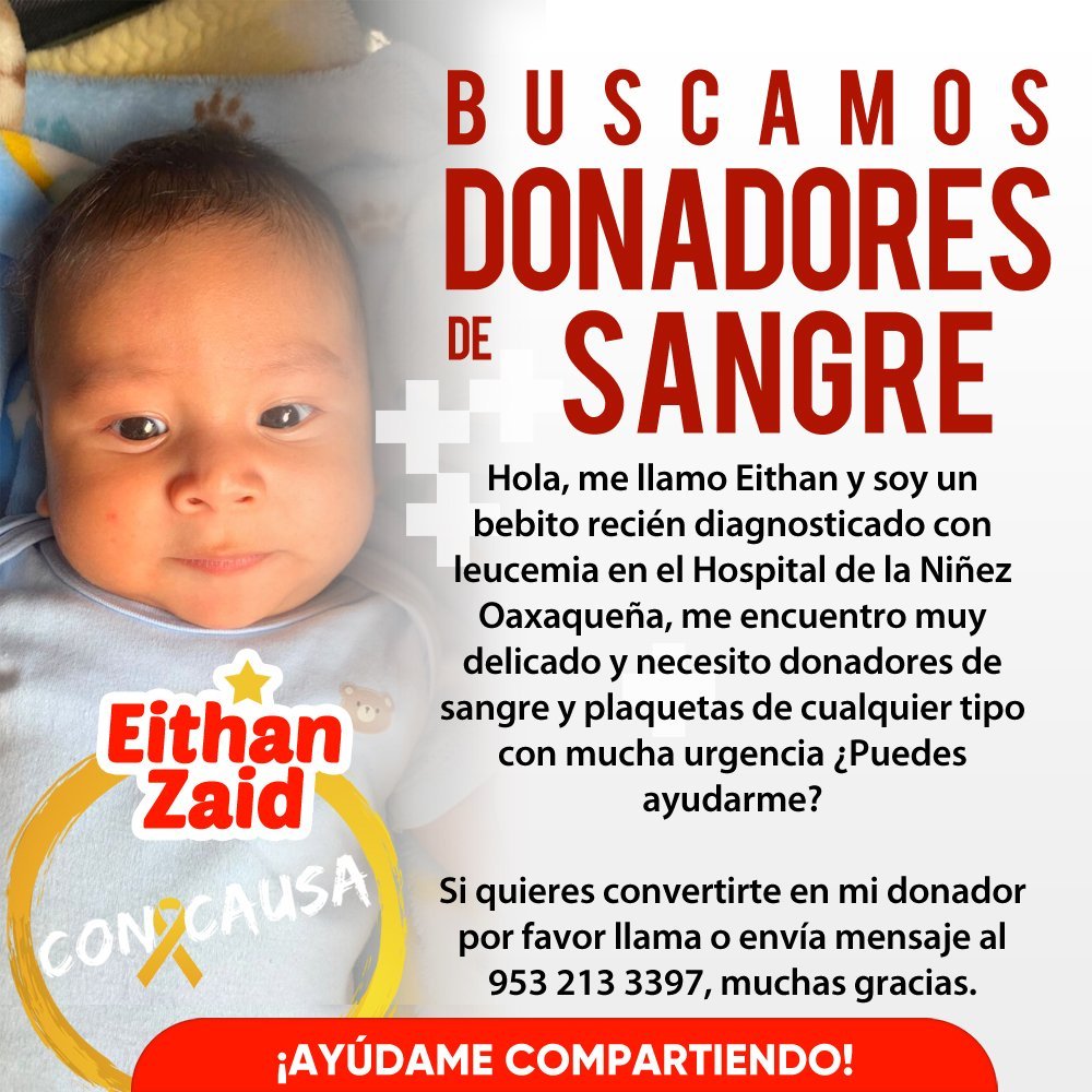 donaenvida's tweet photo. #URGENTE #Oaxaca #Plaquetas #Sangre de cualquier tipo para el pequeño Eithan, en el Hospital de la Niñez Oaxaqueña.
Contactar al: 953 213 3397.

#DonaEnVida https://t.co/9DgxenWQD2