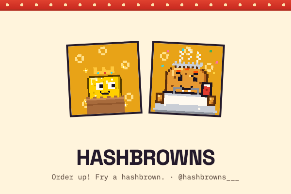 hashbrowns___'s tweet photo. The free samples from the kitchen is over. Here's what the paid game looks like.

Two curves run in opposite directions, and they're both fixed in the contract forever.

The price climbs. 0.001 ETH starting at #501, 0.00125 by #1,000, 0.0023 by #2,500, 0.0065 by #5,000, 0.05 by #10,000. Slowly, every single order, no jumps.

The split flips. Right now the kitchen keeps 90% to keep the lights on and 10% goes in the jar. That reverses on the way as business picks up: 86/14 at #1,000, 75/25 at #2,500, 57/43 at #5,000, and 20/80 by #10,000. Past roughly #5,900 more of every order goes to the jar than to the kitchen.

The jar pays trade-ins. Every hashbrown mined for ETH carries 80% of what it cost, fixed forever, travelling with the token. 0.0008 starting at #501, 0.001 at #1,000, 0.005 at #5,000, 0.04 at #10,000. Send it back, take the trade-in, it burns.

The jar needs ten times a trade-in on hand before it pays one so a rush slows it down instead of emptying it. 

By #10,000 an order puts in exactly what its own trade-in is worth.