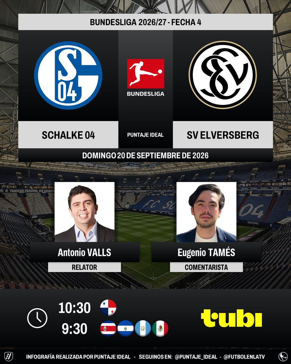 Puntaje_Ideal's tweet photo. ⚽ #Bundesliga 🇩🇪 | #Schalke04 vs. #Elversberg 
🎙️ Relator: @TonyVallsFox
🎙️ Comentarista: @eugeniotames
💻📱 @tubi_mx 🇨🇷🇸🇻🇬🇹🇵🇦🇲🇽
💻📱 #FoxONE México 🇲🇽
🤳 #BundesligaEnFox - @somos_FOX - #S04ELV  
Dale RT 🔃 https://t.co/Hw9zvmstpL
