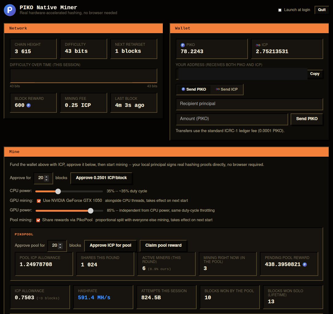 Useranon287410's tweet photo. Mining PIKO from your browser? Good. But try the native miner, real CPU speed, optional GPU mining, and now PikoPool: group up, split rewards. https://t.co/bJeJ14yYOm , takes 2 minutes to start. $PIKO internet-computer:native $BLOCKCHAIN https://t.co/iPDGF9mKQH