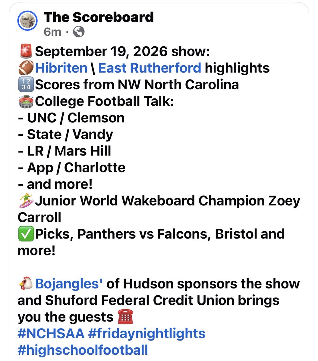 ScoreboardRadio's tweet photo. Great show today with high school football highlights, plenty of college football talk AND a Junior World Champion Wakeboarder! 🤯 Check out the full lineup & click the link to👂https://t.co/DQlPJTQxDK
@LinkJeffery @Hibriten_Fball @ERHS_Sports #nchsaa #boysoffall #football https://t.co/OLFK9XFxUW