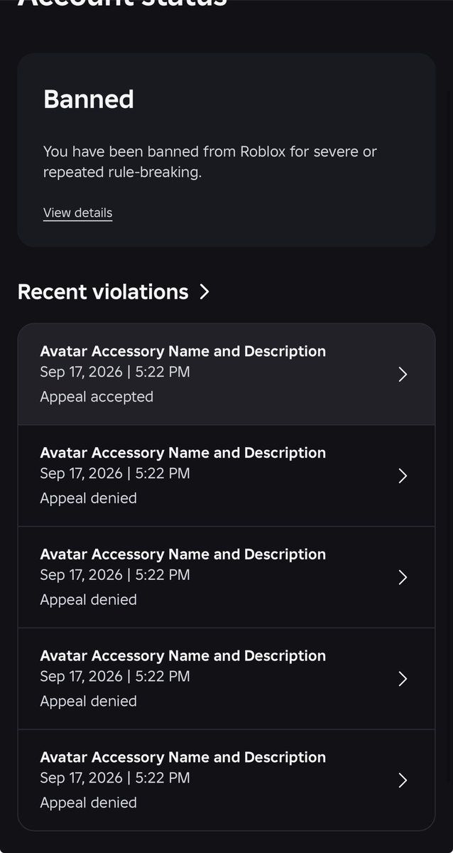 IazyCR's tweet photo. Hey @Roblox @RobloxSupport, I had to make a new account just to post this because AI moderation falsely terminated my main for "Terrorism/Extremism" over basic merch for my YouTube channel, Mini Mech Clan (MMC).
Here is why this makes no sense: • On Sep 19, 2026, Roblox Appeals APPROVED my appeal for the "M.M.C varsity pants," confirming my channel's merch follows Community Standards. • Yet automated bots kept rejecting 6 other identical items from the exact same clothing line under the same false claim.
It is completely unfair that one item is cleared while identical ones trigger a permanent ban. If anyone or any staff member can help get a human to review my full ticket history and reinstate my account, I would really appreciate it.
Main Account: [LazyCrump]
Proof attached below ⬇️