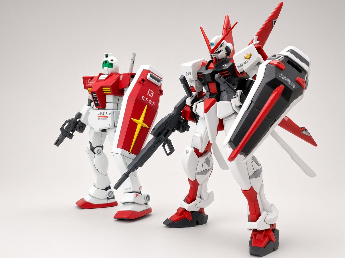mogetaroh's tweet photo. 新旧味方の赤い量産機
ジムもM1アストレイも、どっちもイケメン😁

#プラモデルライフ https://t.co/xDWVHZGHUH