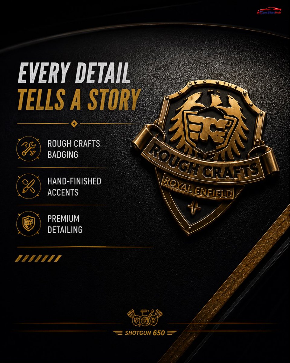 SantaBongayu's tweet photo. More than a motorcycle—a collector’s dream. The Royal Enfield Shotgun 650 x Rough Crafts elevates custom craftsmanship with black-and-gold details, a custom-stitched saddle, and exclusive Rough Crafts touches. https://t.co/B2SEGqub96