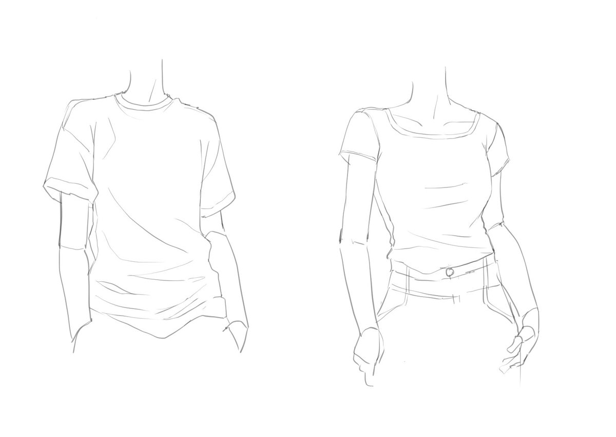 odoshi00's tweet photo. 服のシルエット勉強、まずは一番シンプルなTシャツからざっくり描いてみる

実際に描き比べてみるとTシャツって思っていた以上に形を選んで描く必要がありますね。

首元をどれくらい開けるか、肩をどこまで落とすか、袖をどれくらい広げるか、身体に沿わせるか、離すか…etc

ただTシャツを着せるだけでも選択肢がかなりある

次はもう少し構造から整理してみる予定です