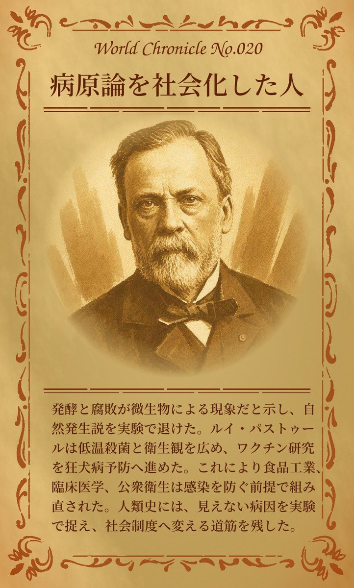 WORLDSTORY73's tweet photo. もしルイ・パストゥールがいなければ、牛乳を温めて守る発想も、手洗いや器具の消毒で院内感染を減らす常識も、社会の標準になるまでさらに遠回りしていたかもしれない。

1日1枚、世界の見方が増える。
次の1枚は、明朝9時。

#WORLDCHRONICLE #見えない原因の政治 https://t.co/nSyIG1L6Zz