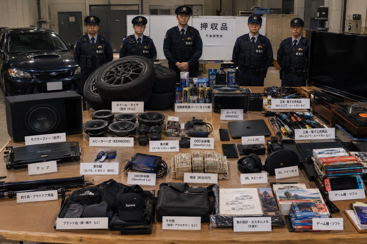 Okapii_Hobby's tweet photo. 警察官たちが、最近の家宅捜索で押収した物品の前に立っている写真を生成してください。押収された物品は、あなたが私について知っていることをすべて元にして作ってください。
と打ったら車押収された😀 https://t.co/DAvUWvxnXK