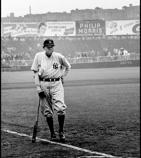 Jimfrombaseball's tweet photo. "The Babe was the last to come in.
He had on a dark suit and a cap oyster white.
He walked slowly with a friend on either side of him.
He paused for a moment and them he recognized someone and smiled and stuck out his hand.
They did not crowd him.
When someone pointed to a locker, he walked to it and it was quiet around him.
When a few who knew him well walked up to him, they did it quietly, smiling, holding out their hands.
The Babe started to undress.
His friends helped him.
They hung up his clothes and helped him into the parts of his uniform.
When he had that on, Ruth sat down again to put on his spiked shoes, and when he did this the photographers who had followed him moved in.
They took pictures of him in uniform putting on his shoes, for this would be the last time.
“A glove?” he said.
“A left-handed glove,” someone said.
They found a glove on one of the hooks.
It was one of the type that has come into baseball since the Babe left:
Bigger than the old gloves, with a mesh of rawhide between the thumb and first finger, and the Babe took it and looked at it and put it on.
“With one of these,” Ruth said, “you could catch a basketball.”
The Babe handed the glove to someone and someone else handed him a bat.
He turned it over to see Bob Feller’s name on it and he hefted it.
“It’s got good balance,” he said.
“And now—”
Mel Allen’s voice said, coming off the field.
They were coming to cheer the Babe now.
In front of him the Indians moved back, and when they did the Babe looked up to see a wall of two dozen photographers focused on him.
Babe Ruth stood up and the topcoat slid off his shoulders onto the bench.
“—George Herman,” Mel Allen’s voice said.
“Babe Ruth!”
The Babe took a step and started slowly up the steps.
Babe Ruth walked out into the flashing of flashbulbs, into the cauldron of sound he must know better than any other man."
"Down Memory Lane with the Babe."
W.C. Heinz.
"New York Sun", June 14, 1948.
Babe Ruth’s last appearance at the Yankee Stadium.
Ruth died of cancer two months later.