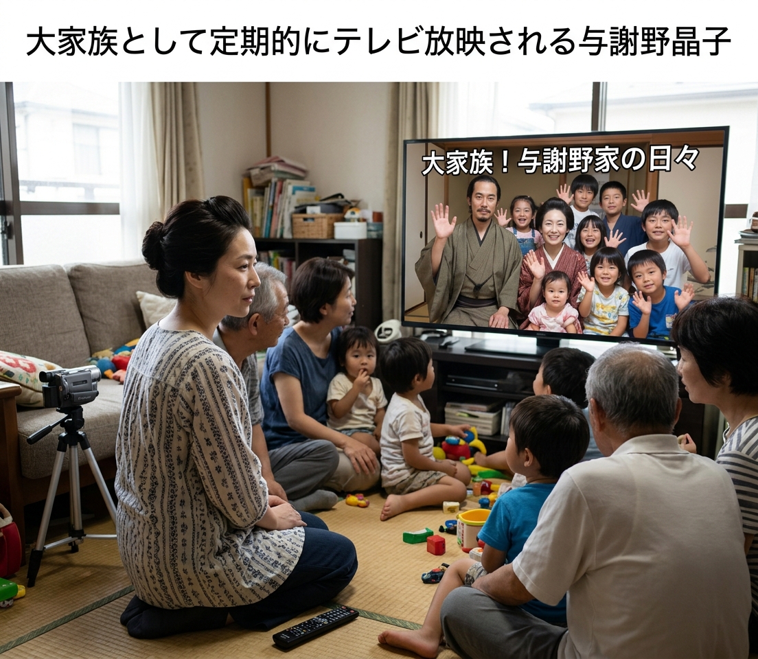timeleap_take's tweet photo. 大家族として定期的にテレビ放映される与謝野晶子
「10人以上産んだ甲斐あったわ」

#現代に迷い込んだ偉人 #与謝野晶子 #大家族 #AI画像 https://t.co/AHrF5uLZLx