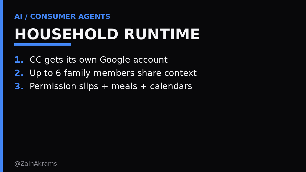 ZainAkrams's tweet photo. Google just gave the family AI agent its own email address.

Not a chat sidebar. A household coworker.

TechCrunch (Sep 18): Google shifted CC — the Day Ahead / Daily Brief agent — into a family-ops product. CC now gets its own Google account so it can collaborate with up to six family members, each choosing what to share (school emails, sports, clubs, bills, appointments). Forward manually, or auto-share from selected senders. CC suggests new senders weekly.

What it can do on the family’s behalf:
• Fill permission slips / activity registration PDFs
• Build school-supply lists + weekly meal plans
• Compute drive times between activities
• Push dates onto shared calendars and task lists
• Ask for missing details and update group memory

Runs on an isolated cloud computer powered by Gemini + Google’s agentic harness (Antigravity). U.S. personal Gmail, 18+ only for now — which means school Chromebook accounts and under-18 kids are locked out of the exact workflow schools generate.

Why this matters more than another “family AI” launch:

Most consumer agents still live as a tab you open. CC becomes a runtime identity inside the household — an account with permissions, memory, and the ability to act across Gmail/Calendar/Docs/Sheets without every parent re-prompting the same chaos.

Home MCP (Sep 16) already let agents touch Nest/Matter devices for Premium Advanced subscribers. CC is the coordination layer above the sensors. Together, Google is assembling a household control plane: sensors → calendar → paperwork → meals.

Second-order: the competitive race isn’t who has the cutest family chatbot. It’s who owns the shared inbox of childhood — school, sports, doctors — and the approval UX when an agent fills a PDF. Meta’s Muse is racing the personal OS. Google is racing the family OS. Watch which surface parents leave open all day.

(TechCrunch)