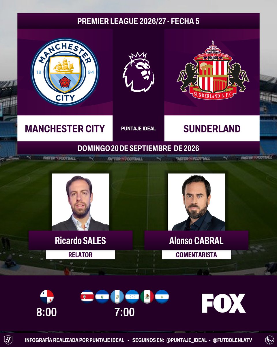 Puntaje_Ideal's tweet photo. ⚽ #PremierLeague 🏴󠁧󠁢󠁥󠁮󠁧󠁿 | #ManchesterCity vs. #Sunderland 
🎙 Relator: @RicardoSalesE
🎙 Comentarista: @Alonso_Cabral 
📺 #FOX Centroamérica y México 🇲🇽
💻📱 #FoxONE México 🇲🇽
🤳 #PremierLeagueEnFOX - @somos_fox - #MCISUN 
Dale RT 🔃 https://t.co/ZFyzqtG1j7