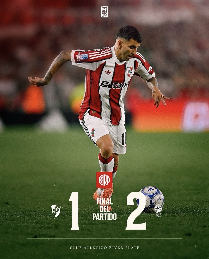 RinconMillo14's tweet photo. Primer derrota del ciclo Ponzio en River.

Tras 3 partidos consecutivos con victoria Huracán derrotó a River por 2-1 en el Monumental con goles de Cortes y Blondel en el ST. Galván había marcado el empate para el millonario.

Partido insólito en el cual River lo pierde solo con errores propios y situaciones claras desperdiciadas. Correa y Montiel de lo mejor de River. Galindez figura en el globo. 

Se viene el párate por la fecha FIFA y River está sin margen de error y muy complicado para entrar a la Copa Libertadores por la Tabla anual. 21 días sin River. Veremos cómo evolucionan Thiago Almada y Tobías Andrada tras salir con molestias en el PT.

📌Próx partido: Estudiantes de Rio cuarto el 10/10 en el Monumental.