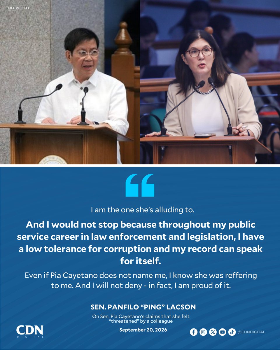 cebudailynews's tweet photo. ‘LOW TOLERANCE FOR CORRUPTION’ 

LOOK: Sen. Panfilo “Ping” Lacson acknowledged that he was the colleague Sen. Pia Cayetano was referring to when she said she felt “threatened” by someone who continued to raise issues against her. 

Lacson said he would not deny being the person Cayetano was referring to, adding that he would continue to pursue corruption-related issues. #CDNDigital