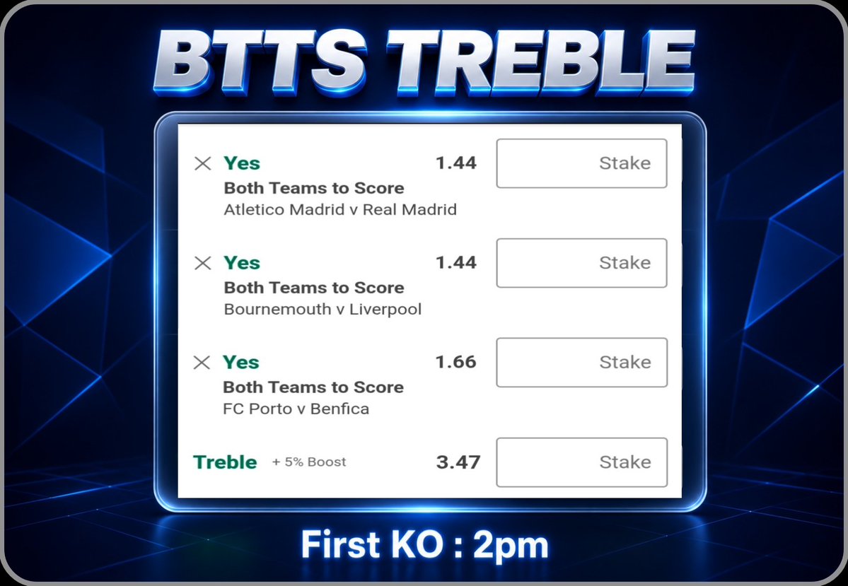 TomWhiteTips's tweet photo. BTTS TREBLE 

@ 3.47

First KO : 2pm

Spain 🇪🇸 
England 🏴󠁧󠁢󠁥󠁮󠁧󠁿 
Portugal 🇵🇹 https://t.co/WHgQyx33vh