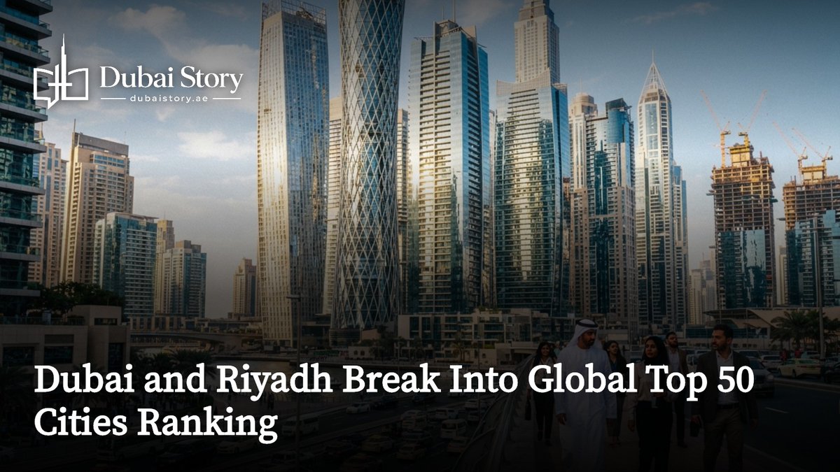 dubaistoryae's tweet photo. Dubai and Riyadh Break Into Global Top 50 Cities Ranking

Dubai climbed to 42nd and Riyadh to 50th in Oxford Economics' 2026 Global Cities Index, marking a milestone for Gulf urban influence. https://t.co/xXDlEjUKFo