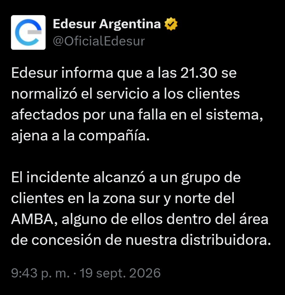 porquetendencia's tweet photo. "Edesur":
Porque informó que su servicio fue afectado ‘por una falla en el sistema ajena a la compañía’ https://t.co/MjPrXhYTNy