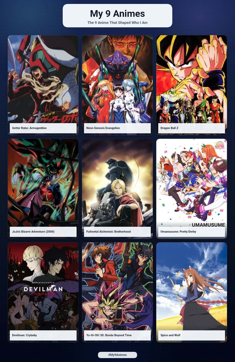 VSwiggity's tweet photo. (Jumping on this trend because why not!) 
My Top 9 anime! 

From getting bullied for enjoying anime, to being complimented on my cosplay, I've come a long way lol! 💀 https://t.co/L2gWskjxpA