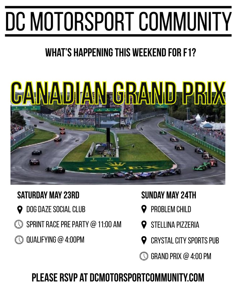 MichaAurelia's tweet photo. IT’S RACE WEEKEND

The grid is heading to Montréal for the Canadian Grand Prix, with DCF1 and DCINDYCAR watch parties across DC. Saturday: F1 Sprint + Qualifying at Dog Daze Social Club. Sunday: Canadian GP and Indy 500 at Problem Child, Stellina https://t.co/hMxZeJOox6
