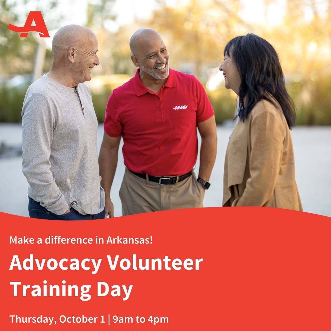 ARAARP's tweet photo. Make a difference in Arkansas! Join AARP Arkansas for Advocacy Volunteer Training Day on Oct. 1 in Little Rock. Connect, learn advocacy priorities and build your skills. Register: https://t.co/dBdWITMHZH https://t.co/1uGLqA5yUu