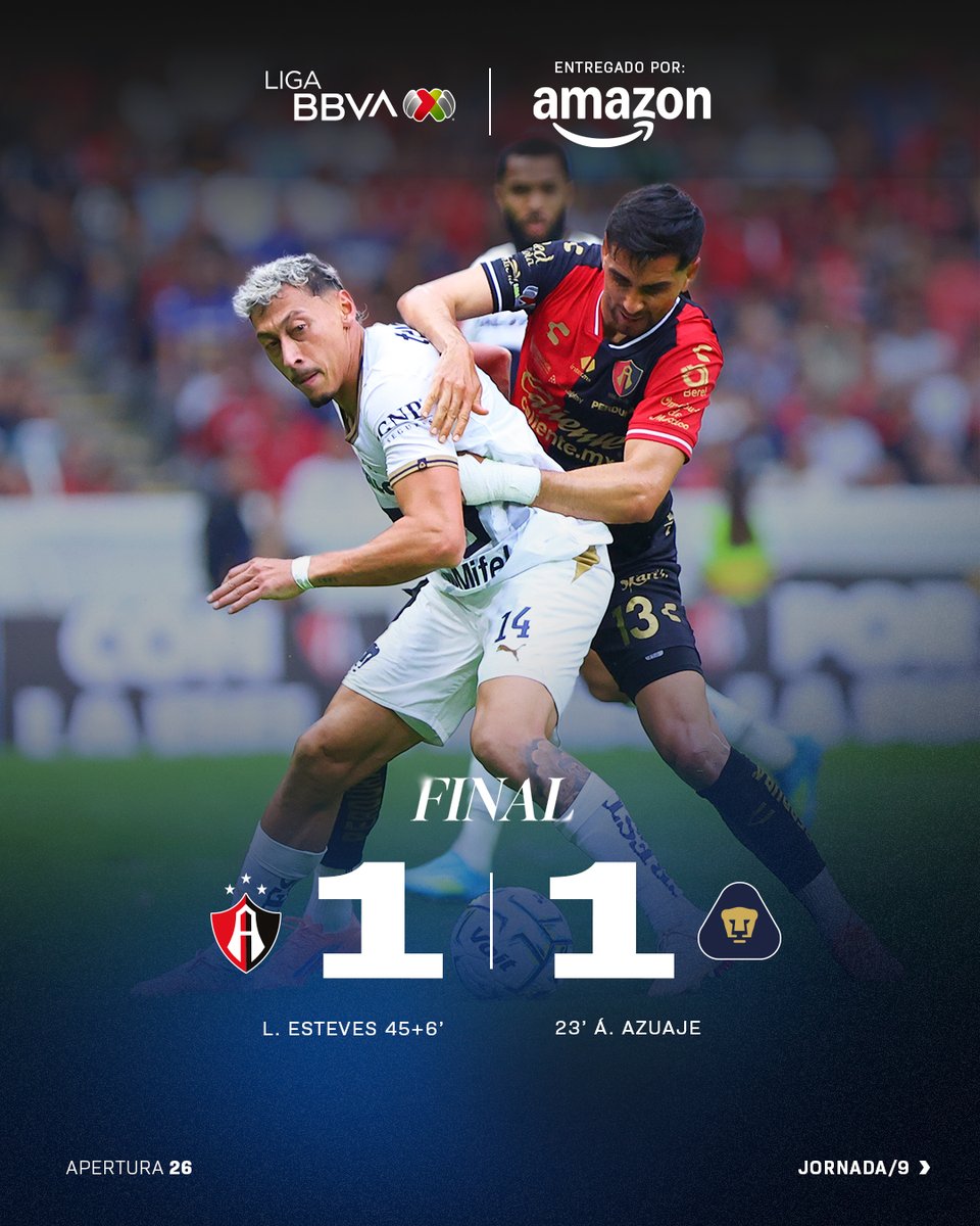 LigaBBVAMX's tweet photo. ¡Qué partido acabamos de vivir! 🔥
Vibrante duelo en el Estadio Jalisco que termina con puntos divididos para @AtlasFC y @PumasMX. 🤝
#EntregamosTodoPorElFut y @amazonmex nos entrega el #MarcadorFinal. 📦
DETALLES 📰: https://t.co/k22OlmlEt2
#AmazonMX | #ATSUNAM | #J9 | #AP26 | #LaLigaDeLaAfición✨