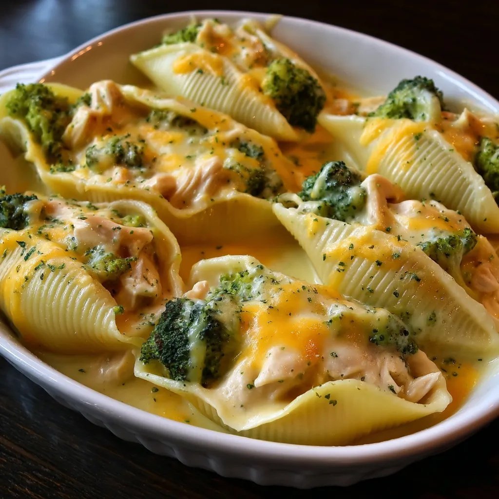 recipesbyclare's tweet photo. Cheesy Chicken Broccoli Stuffed Shells

Ingredients:
- 12 jumbo pasta shells
- 1½ cups cooked chicken, shredded or diced
- 1 cup broccoli, steamed and chopped
- 1½ cups cheddar cheese, shredded (divided: 1 cup for filling, ½ cup for topping)
- Salt, to taste
- Black pepper, to taste
- Garlic powder, to taste
- 1 can (10.5 ounces) cream of chicken soup
- ½ cup milk

Instructions:
1. Prepare the pasta: Bring a large pot of salted water to a boil. Cook the jumbo pasta shells according to package directions, but aim for al dente (slightly firm) as they will continue to cook in the oven. Drain the shells and rinse with cool water to stop the cooking process. Set aside to cool slightly while preparing the filling.
2. Preheat the oven: Preheat your oven to 350°F (175°C). Lightly grease a 9x13-inch baking dish with cooking spray or butter and set aside.
3. Make the filling: In a medium mixing bowl, combine the shredded or diced cooked chicken, chopped steamed broccoli, and 1 cup of the shredded cheddar cheese. Season the mixture with salt, pepper, and garlic powder to taste. Mix well until all ingredients are evenly distributed.
4. Stuff the shells: Gently open each cooled pasta shell and spoon a generous amount of the chicken-broccoli filling inside, about 1-2 tablespoons per shell depending on their size. Place each stuffed shell into the prepared baking dish, arranging them in a single layer with the opening facing upward.
5. Prepare the sauce: In a separate bowl, whisk together the cream of chicken soup and milk until smooth and well combined. The mixture should be pourable but still thick enough to coat the back of a spoon.
6. Assemble the dish: Pour the creamy soup mixture evenly over the stuffed shells in the baking dish, making sure to cover each shell with some sauce. Sprinkle the remaining ½ cup of shredded cheddar cheese over the top of the shells and sauce.
7. Bake: Cover the baking dish with aluminum foil, making sure it doesn't touch the cheese topping. Bake in the preheated oven for 25 minutes. Then remove the foil and bake for an additional 5 minutes or until the cheese is melted and bubbly, and the edges are beginning to turn golden brown.
8. Rest and serve: Remove the dish from the oven and let it rest for 5 minutes before serving. This allows the sauce to set slightly and makes it easier to serve. Garnish with fresh herbs if desired, and serve hot.