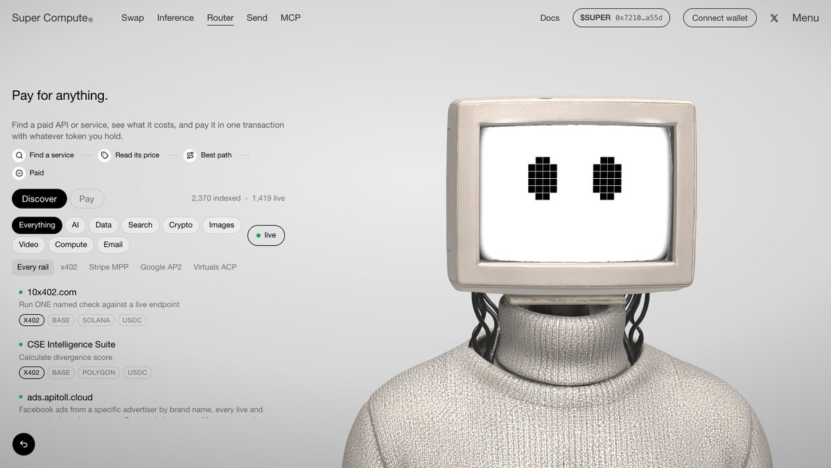Super_compute's tweet photo. 2,000+ paid APIs are indexed on Super Compute. You see the price before you pay, and you pay with whatever token you hold. One transaction. 

https://t.co/0OcVfr2V6U

0x7210afea4a4df412e9275a7153d091ce7612a55d https://t.co/SNBhI4NGO5