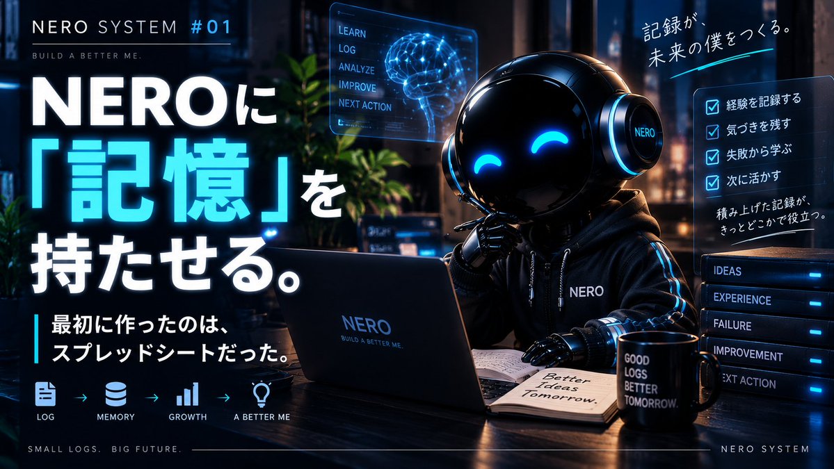 kuro_ailab's tweet photo. 🤖 NERO SYSTEM #01 公開しました。

「もう1人の自分」を作るなら、まず何が必要か。

最初に作ったのはGoogleスプレッドシートでした。

NEROに「記憶」を持たせるための最初の一歩です。

👇 続きはnoteで
 https://t.co/EmRri77EMC

#NEROSYSTEM #AI https://t.co/BnypyQn3uJ